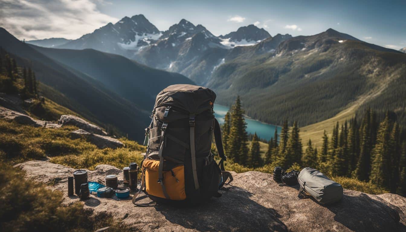 A photo of a backpack filled with camping gear surrounded by a beautiful mountain landscape.