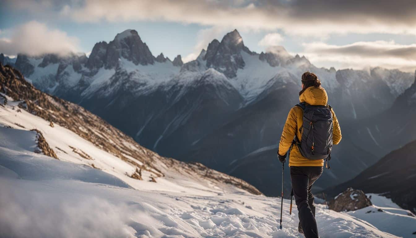 A hiker standing amidst snowy mountains captured in a cinematic and photorealistic landscape photograph.