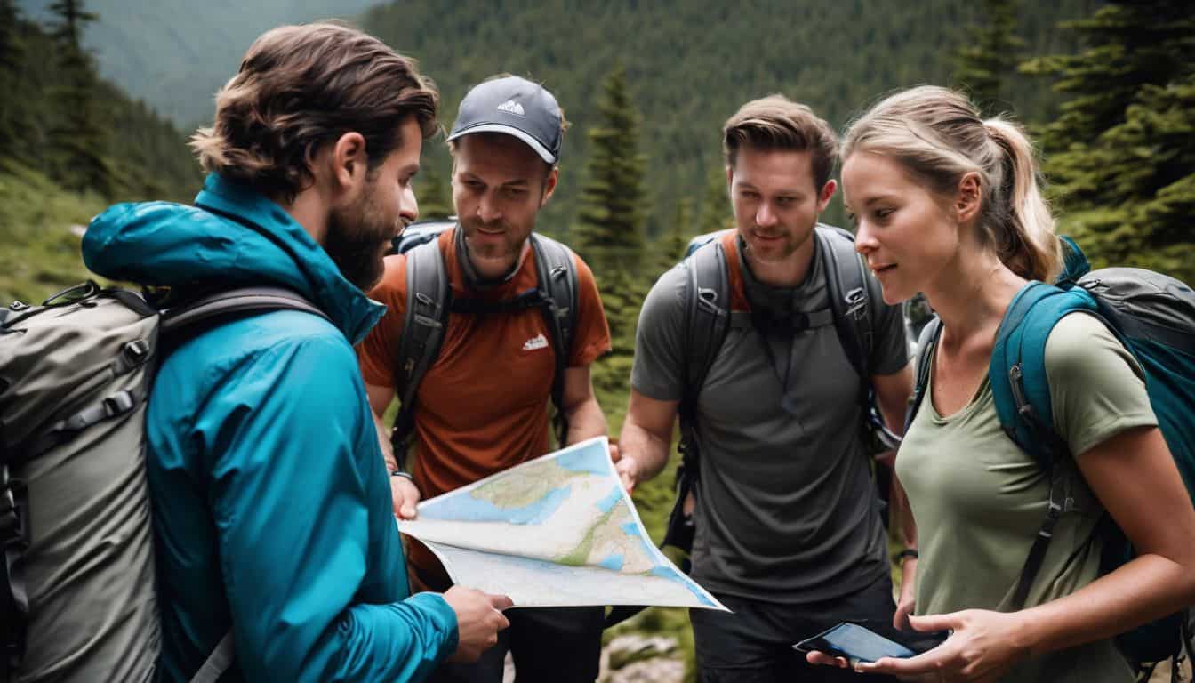 A diverse group of hikers discuss a map on a mountain trail during a vibrant, bustling atmosphere.