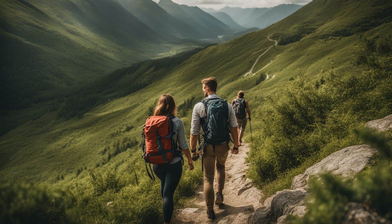 A couple hiking in a lush green mountain trail, surrounded by nature, captured in a high-quality photo.