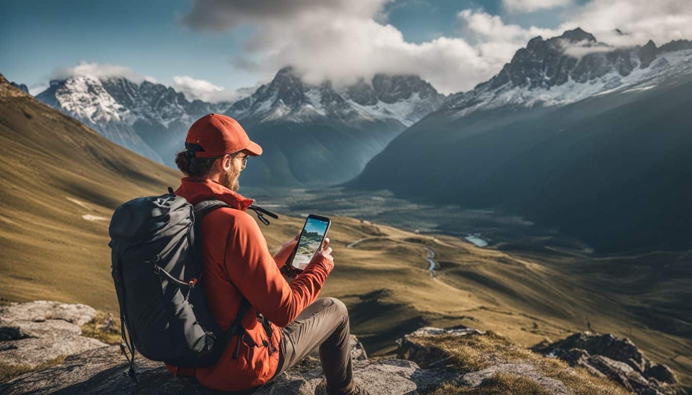 A hiker using a hiking app on a smartphone with a scenic mountain view.