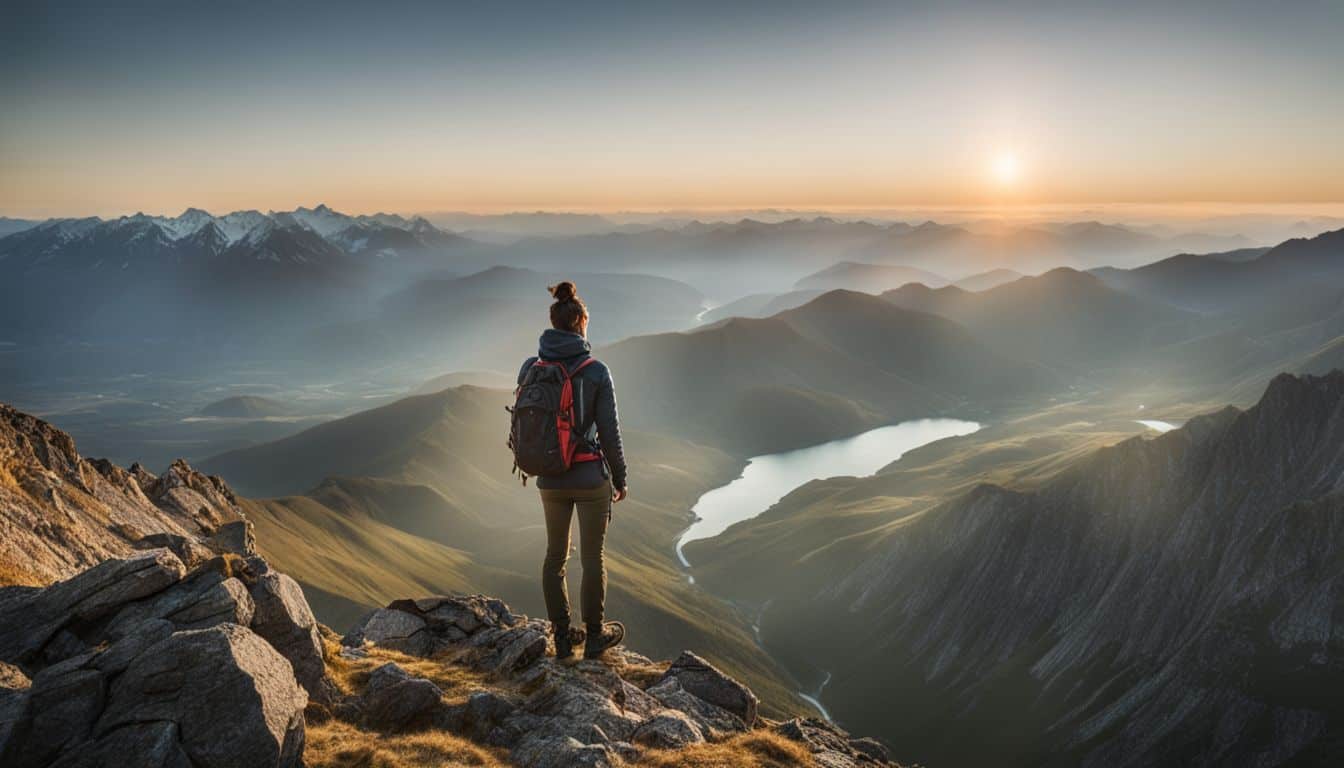 A hiker stands on a mountain peak, admiring a stunning landscape, in a photo capturing different people and their unique styles.