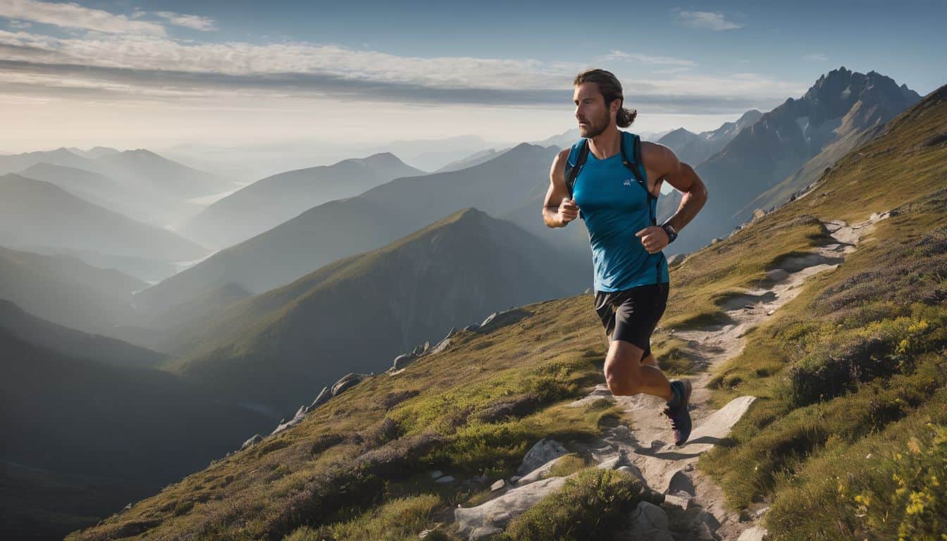 A hiker is seen running uphill on a mountain trail with stunning views, captured in a professional photograph.