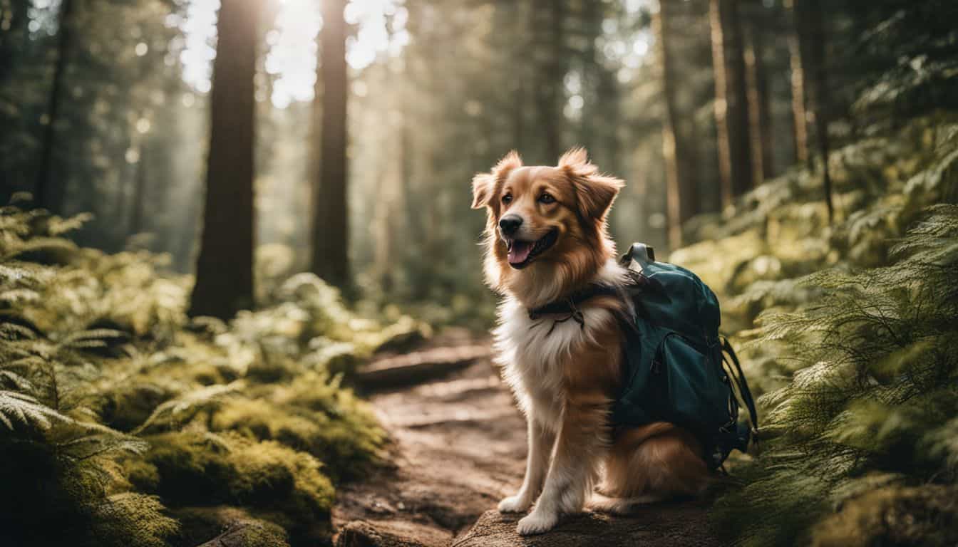 A happy dog wearing a hiking backpack in a lush forest, captured in high-quality detail.