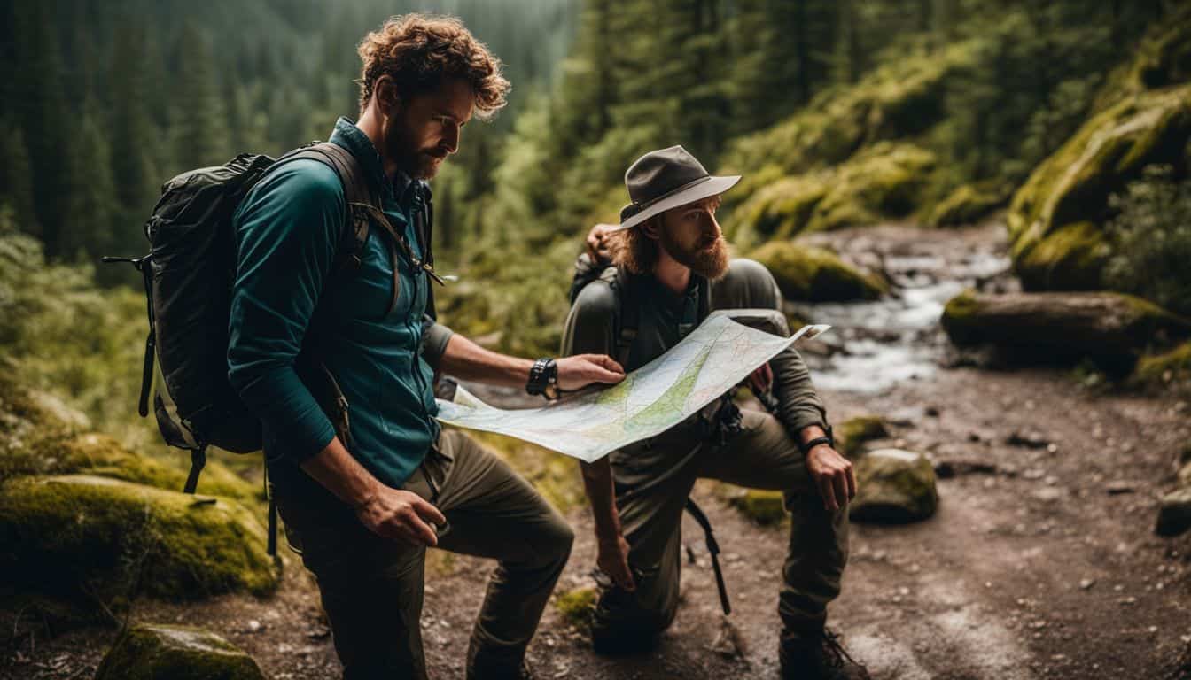 A hiker prepares to explore a lush forest trail using a map and compass.