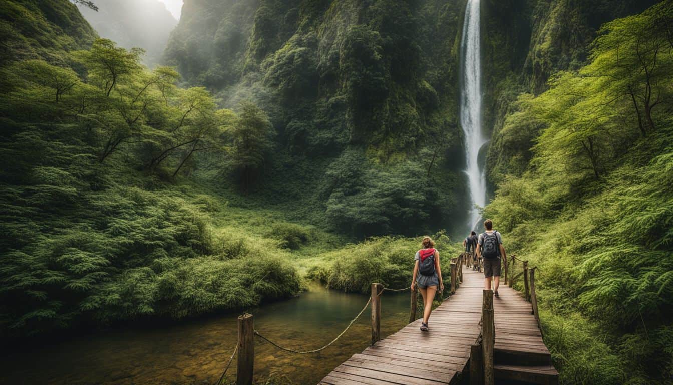 A captivating photo of a serene hiking trail leading to a picturesque waterfall surrounded by lush greenery.
