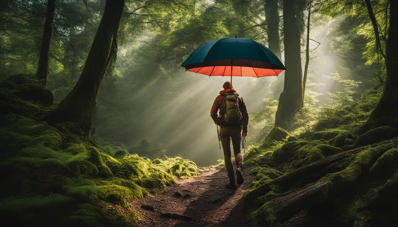 A hiker in waterproof gear stands under a vibrant umbrella in a lush forest.