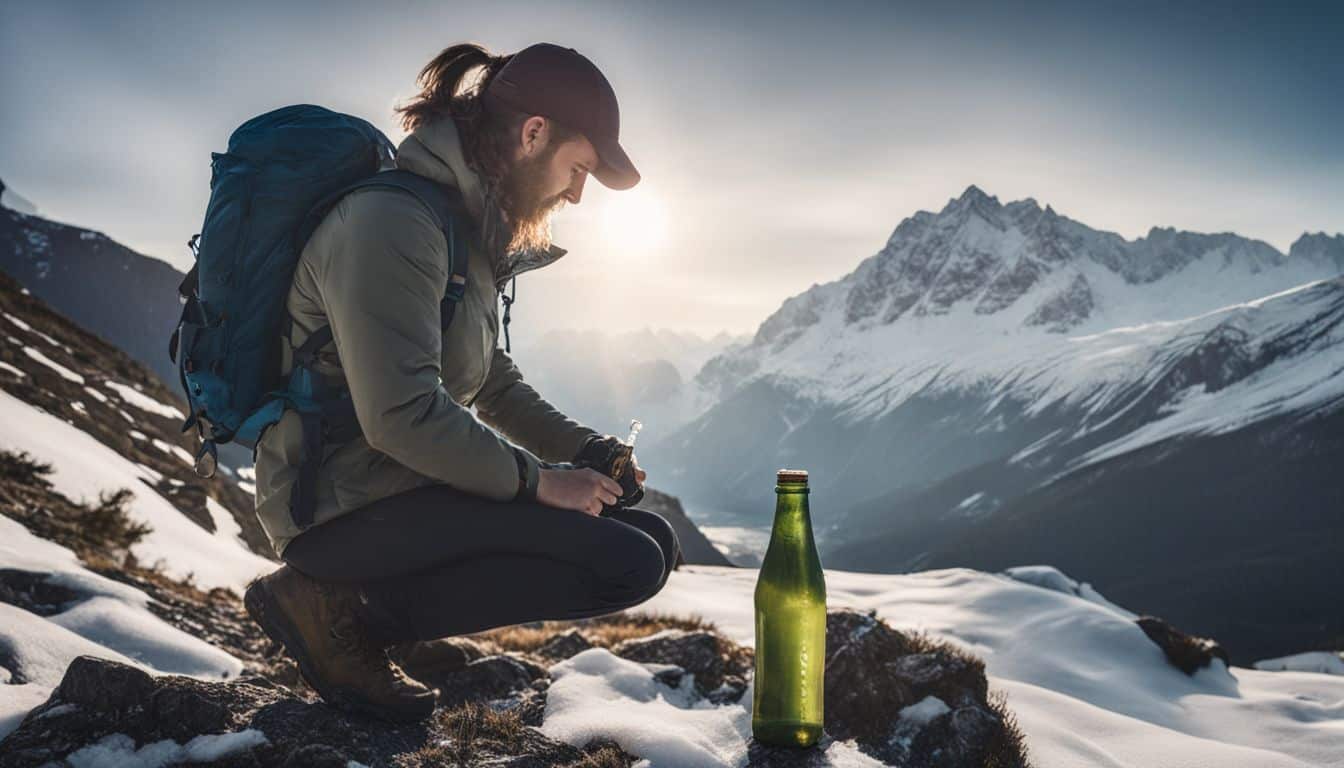 A hiker takes a drink in a snowy mountain landscape, capturing the natural beauty with a DSLR camera.