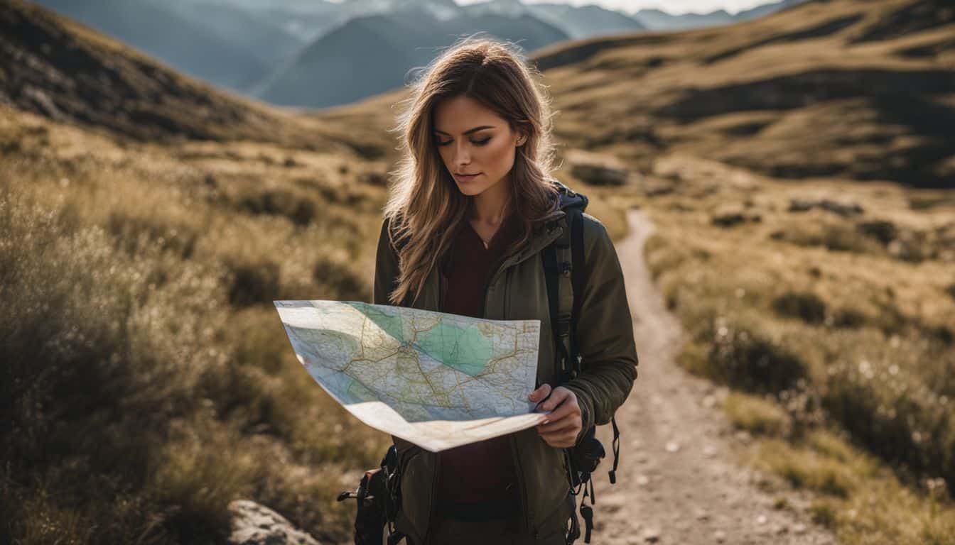 A hiker using a compass and map at a trail junction while standing in a bustling atmosphere.