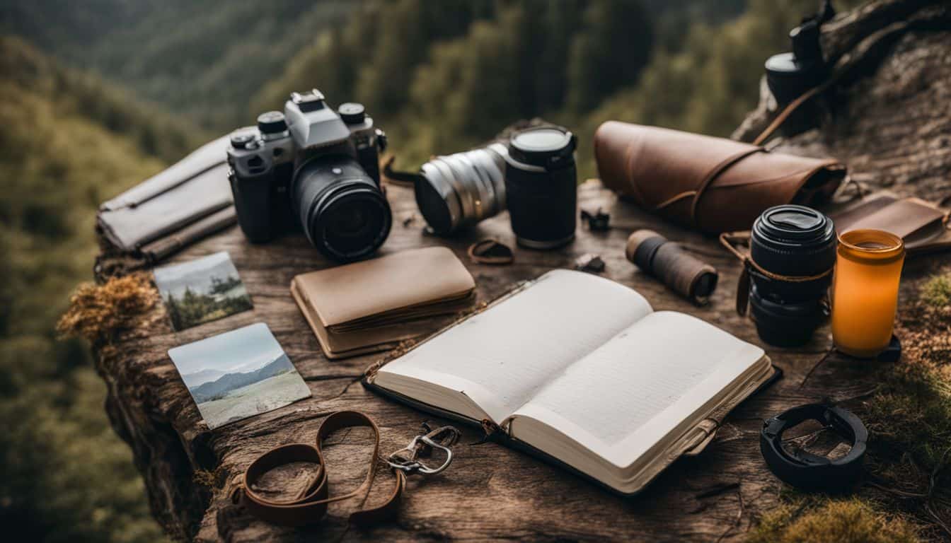 A hiking journal surrounded by gear and nature elements, with diverse people and outfits, captured in a high-quality photo.