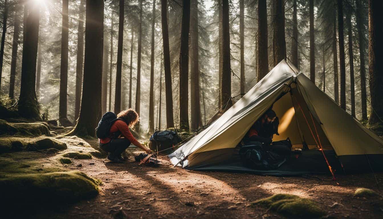 A solo backpacker sets up a tent in a serene forest clearing surrounded by tall trees.