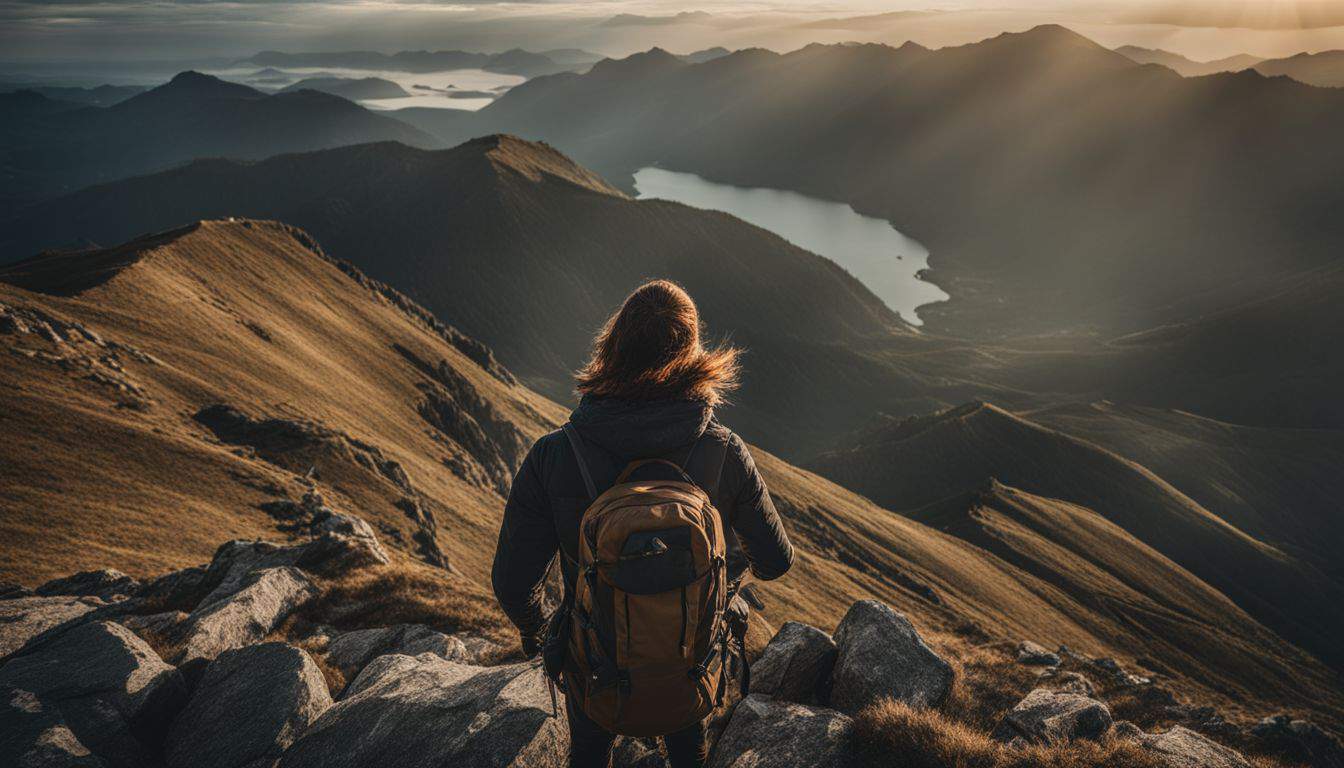 A hiker stands at the summit of a mountain, surrounded by stunning nature, in a bustling atmosphere.