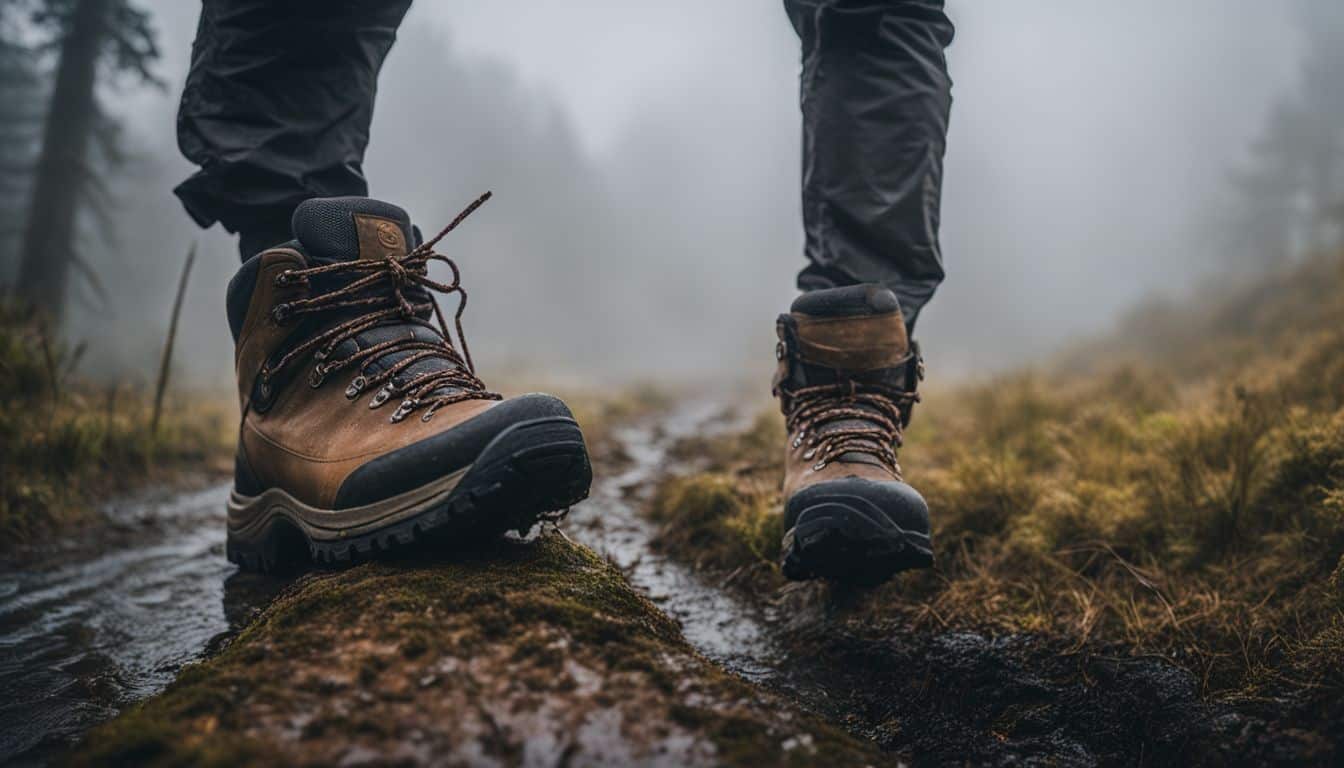 A single hiking boot stands alone on a muddy trail enveloped by fog and rain.