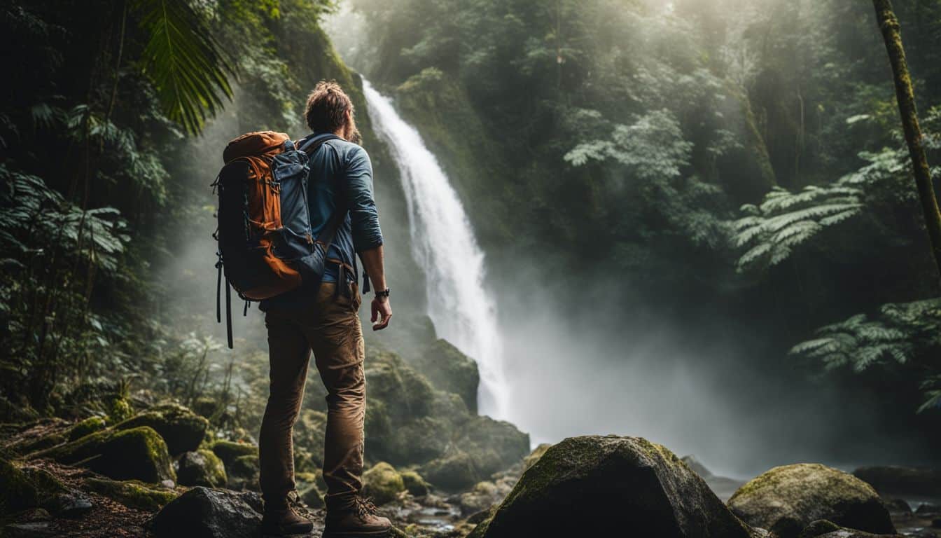 The photo captures a hiker in a rainforest standing by a waterfall, showcasing different faces, hairstyles, and outfits.