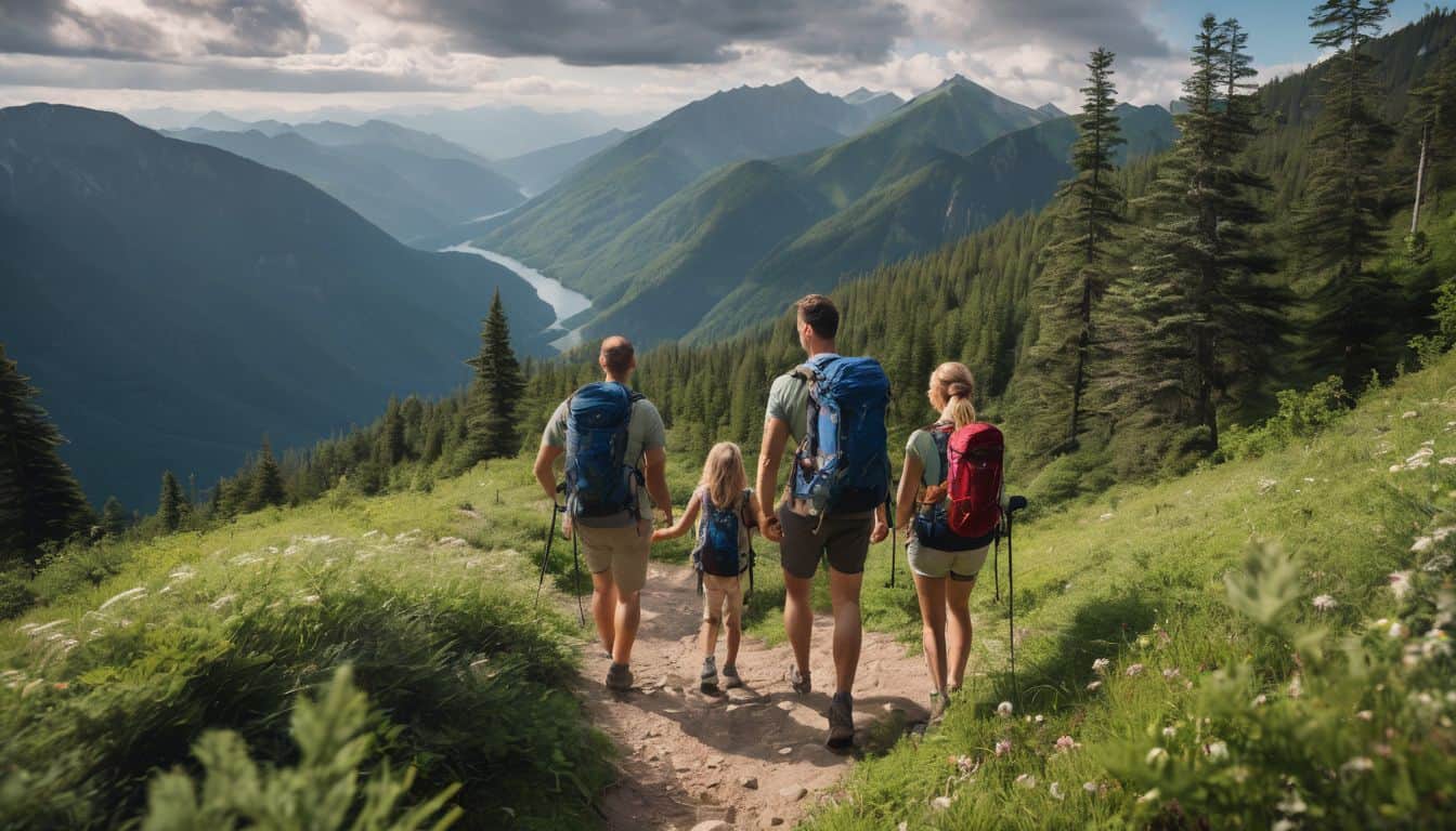 A diverse family enjoys a hike on a beautiful mountain trail surrounded by nature.