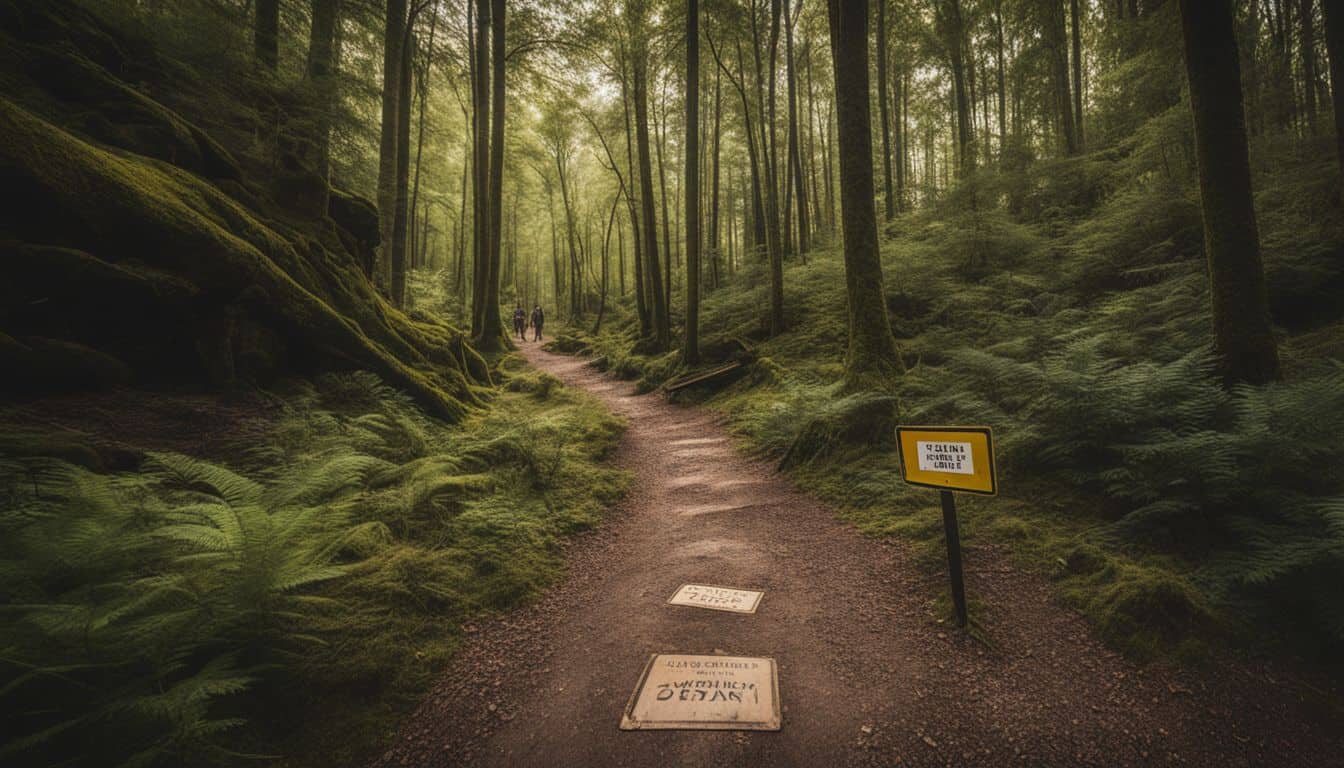 A photograph of a bustling hiking trail through a dense forest with caution and wildlife warning signs.