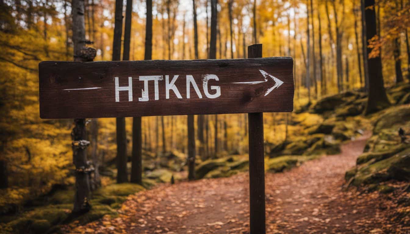 A photo of a hiking trail sign surrounded by vibrant autumn foliage.