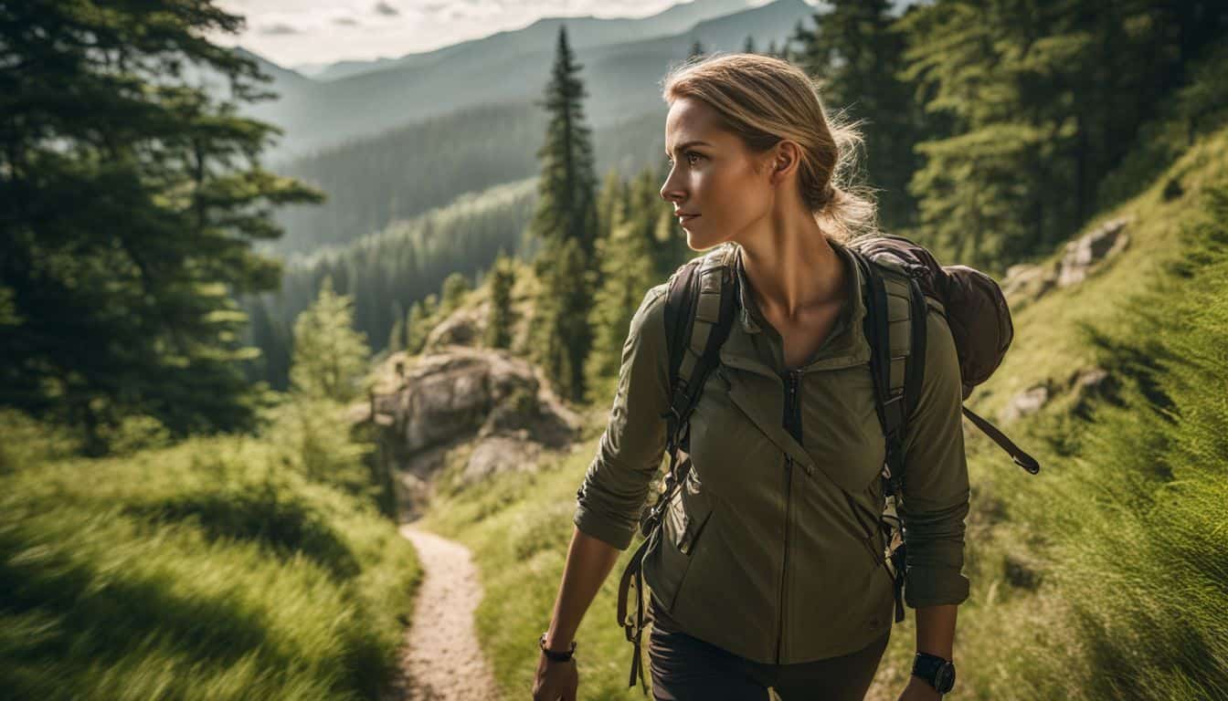 A hiker explores a lush green trail surrounded by historic landmarks and stunning scenery.