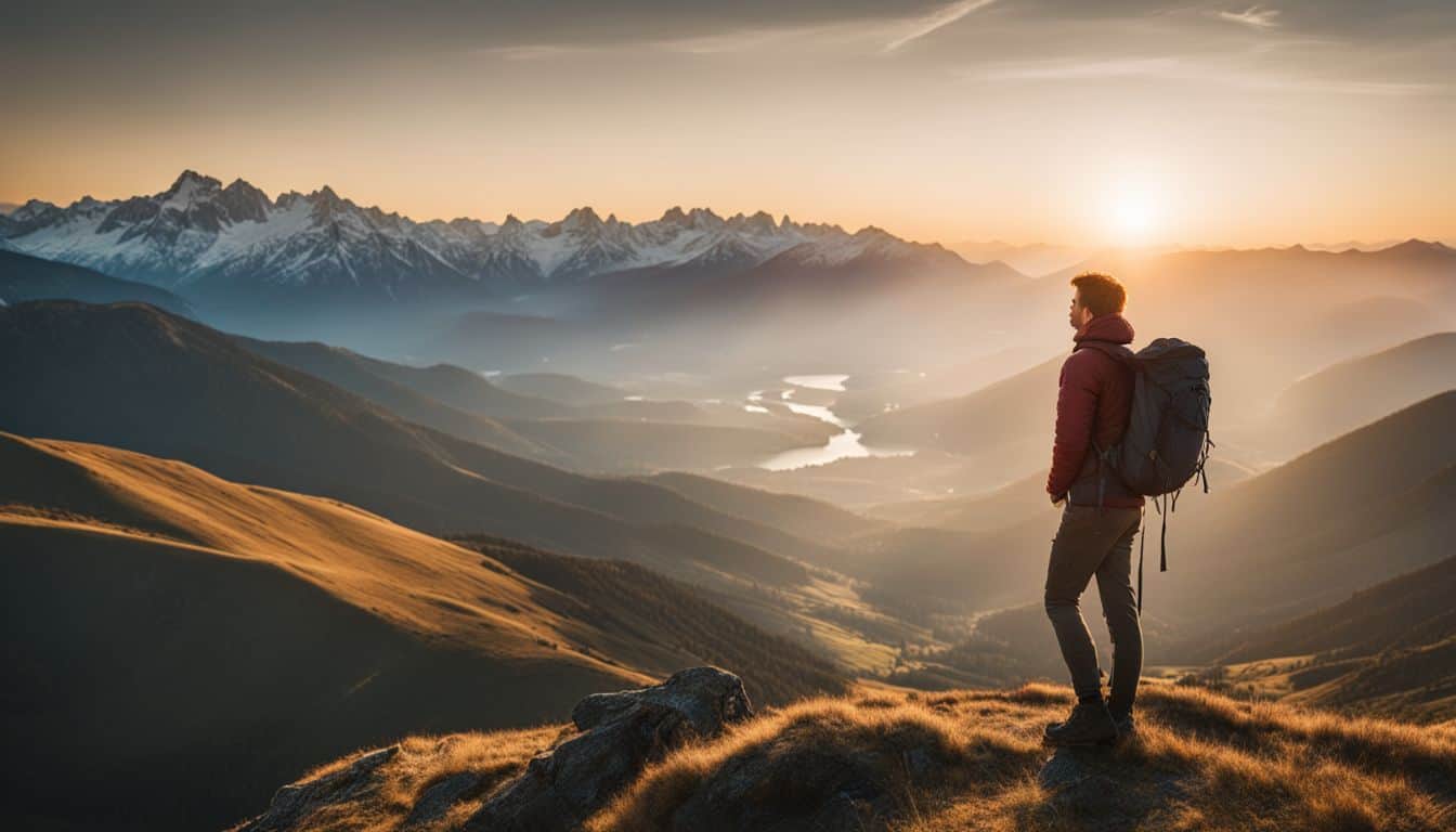 A hiker enjoys a breathtaking sunrise over a magnificent mountain vista.