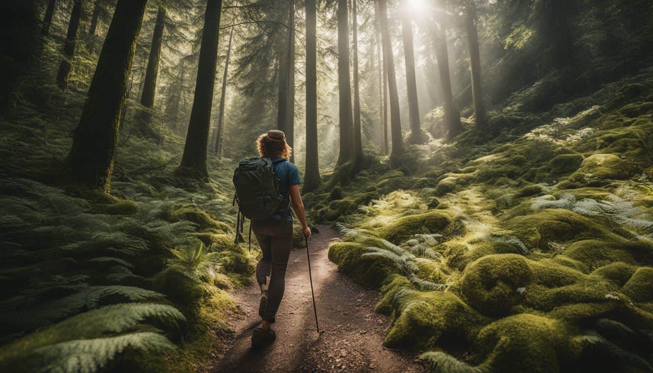 A hiker follows trail markers in a lush forest, captured in a professional photograph with various people and outfits.