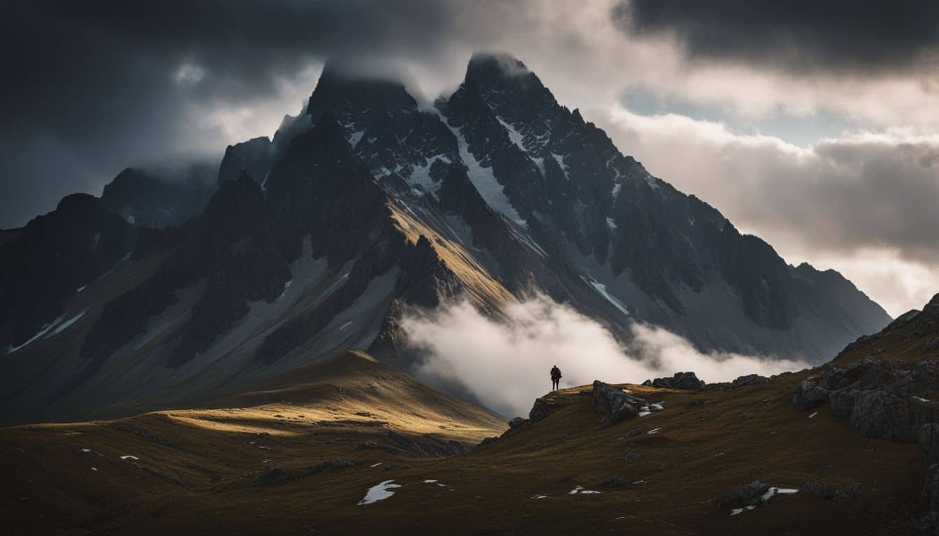 A dramatic landscape photograph featuring a treacherous mountain peak in stormy weather.