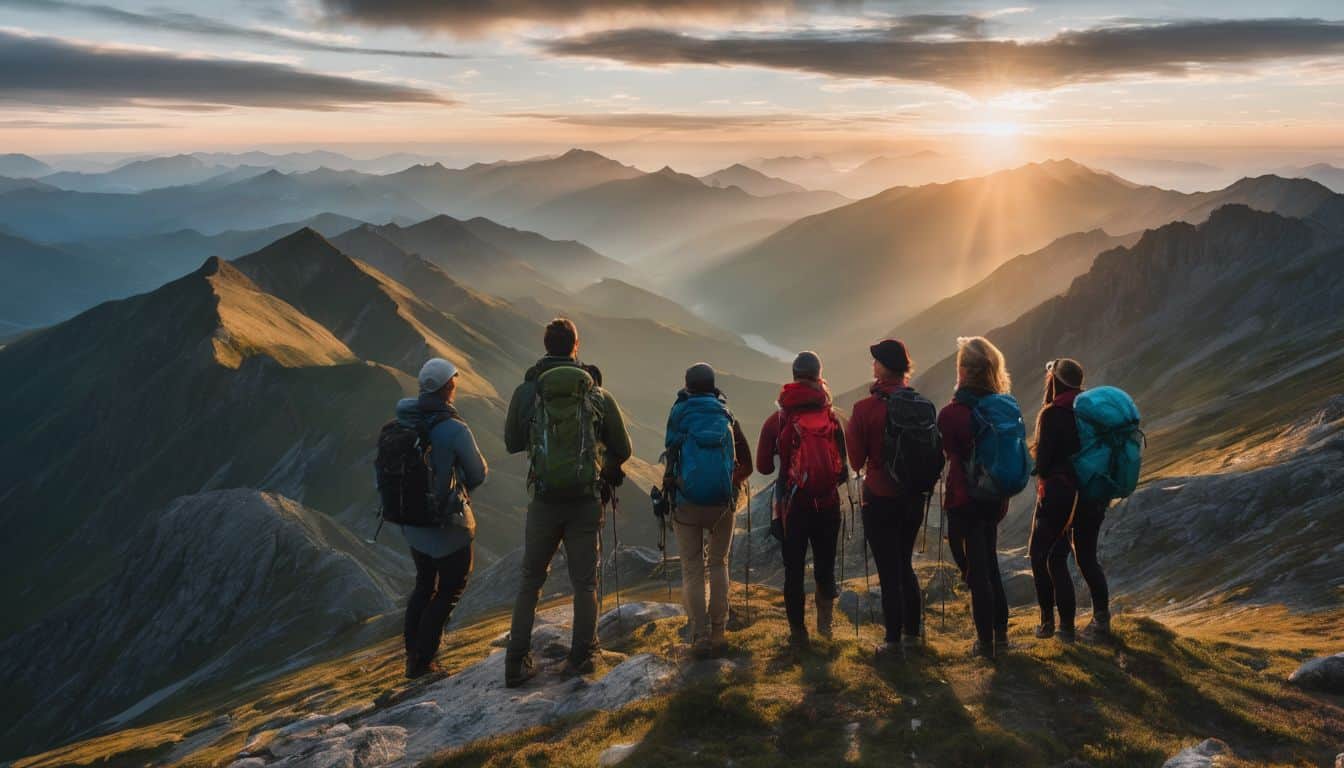 A diverse group of hikers standing together on a mountain summit.