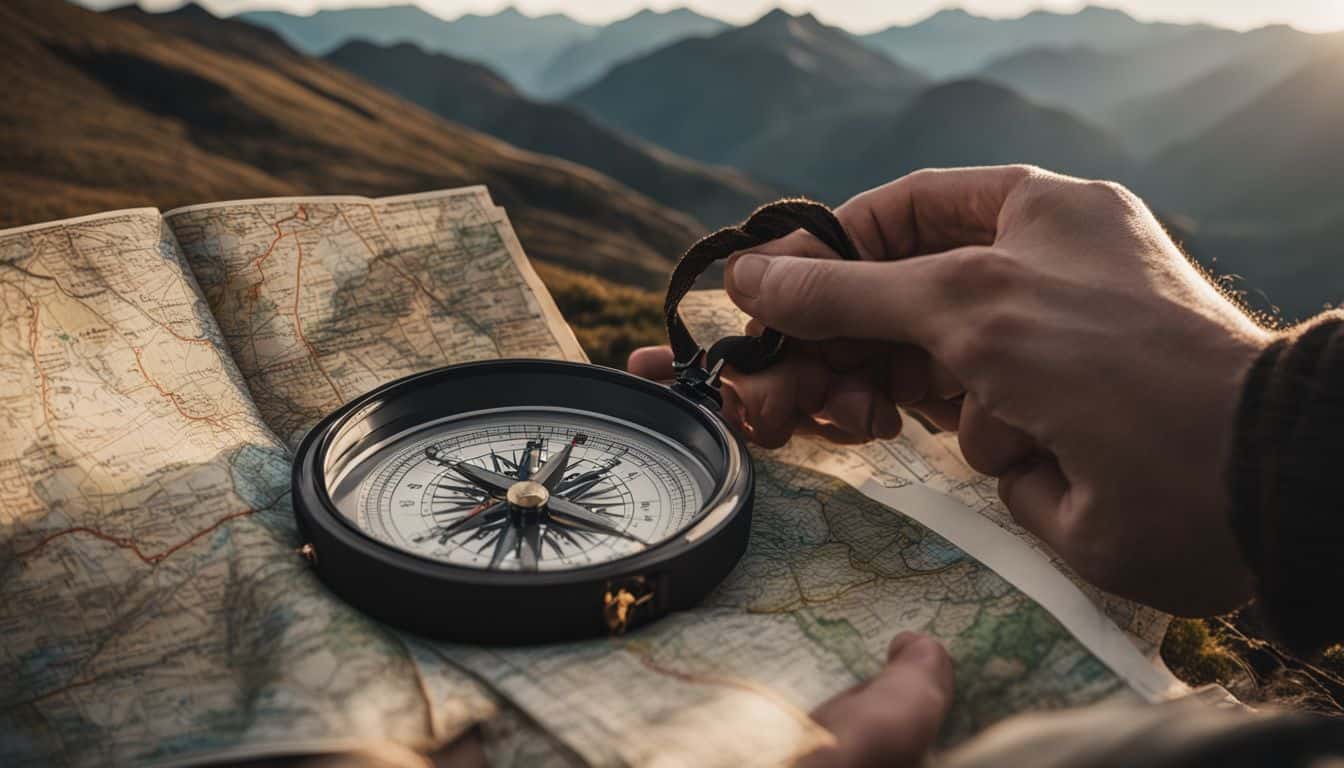 A person navigates through rugged mountainous terrain using a compass and map in this landscape photograph.