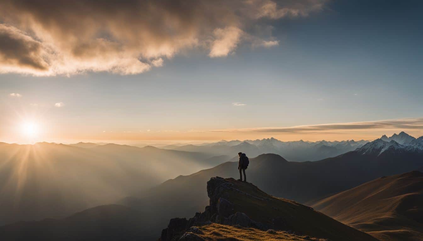A hiker admires a stunning mountain range at sunset, capturing the beauty of nature in a cinematic photograph.