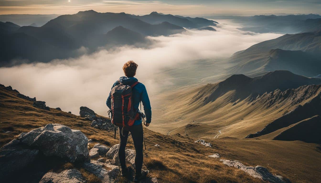 A hiker stands on a mountaintop surrounded by breathtaking scenery, captured with a DSLR camera.