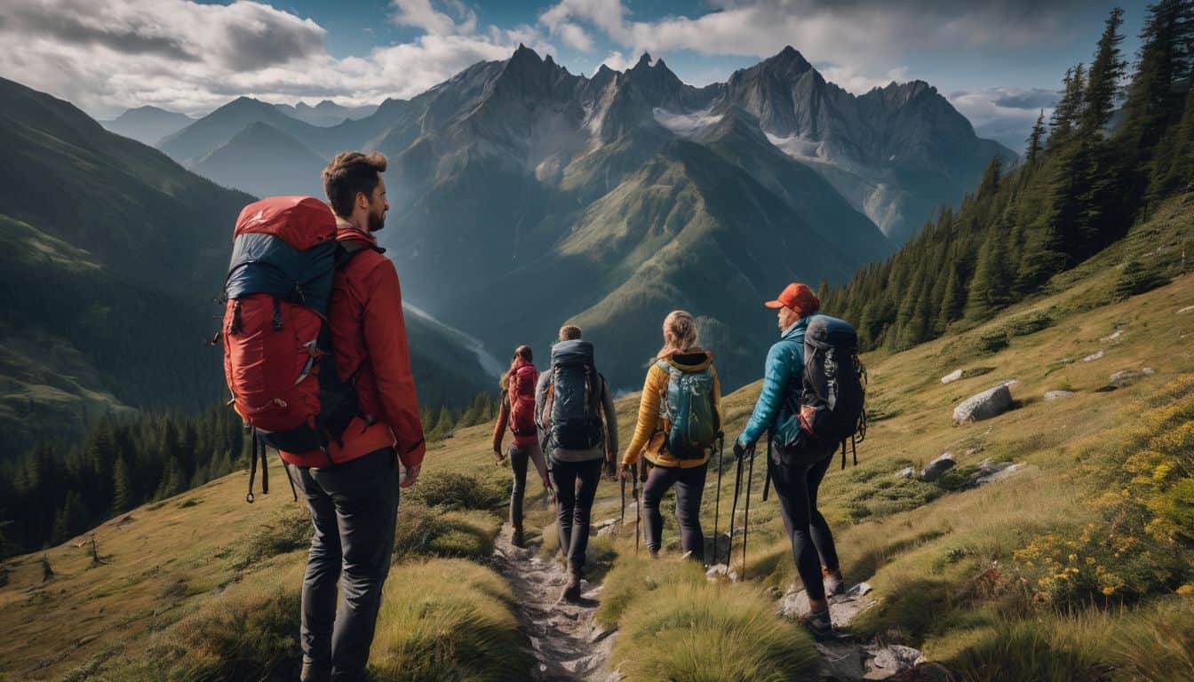 A diverse group of hikers explore the scenic mountains and forests with their gear.