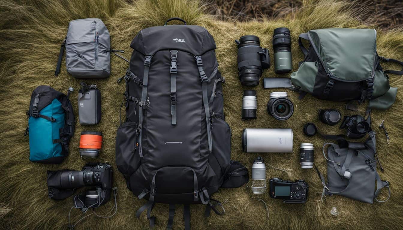 A photo of a backpack with hiking gear laid out on a trail, capturing the essence of nature and adventure.