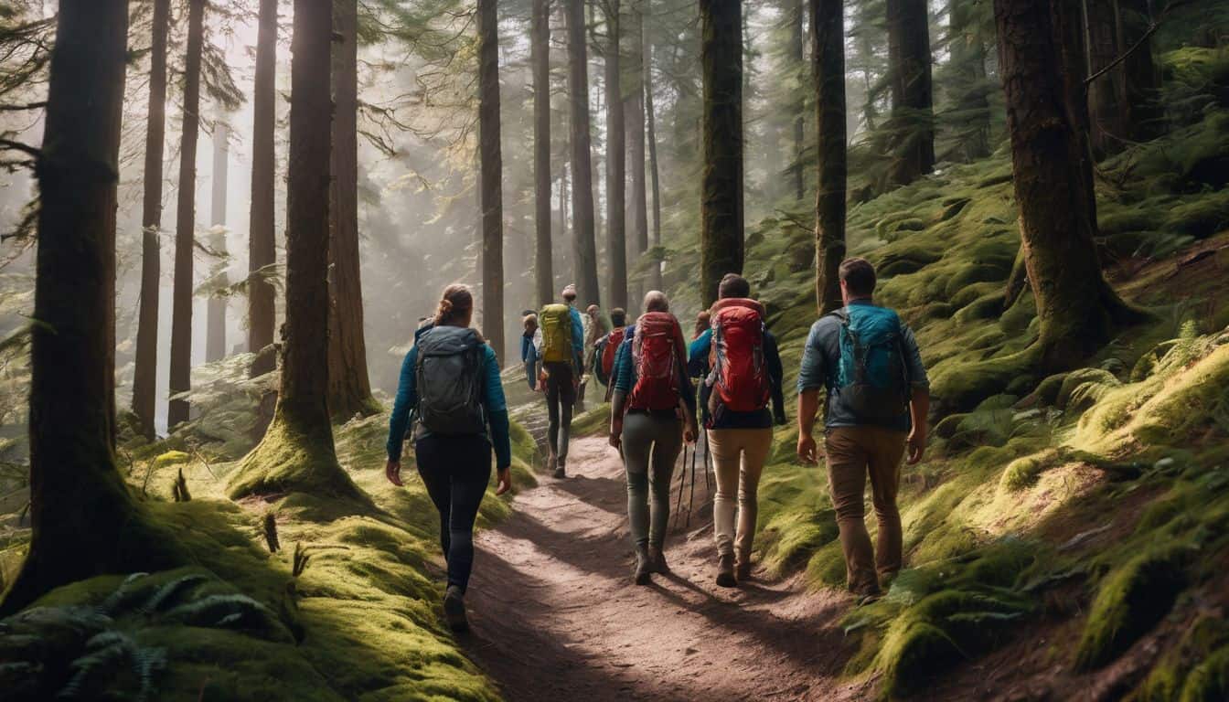 A diverse group of hikers exploring a beautiful forest trail.